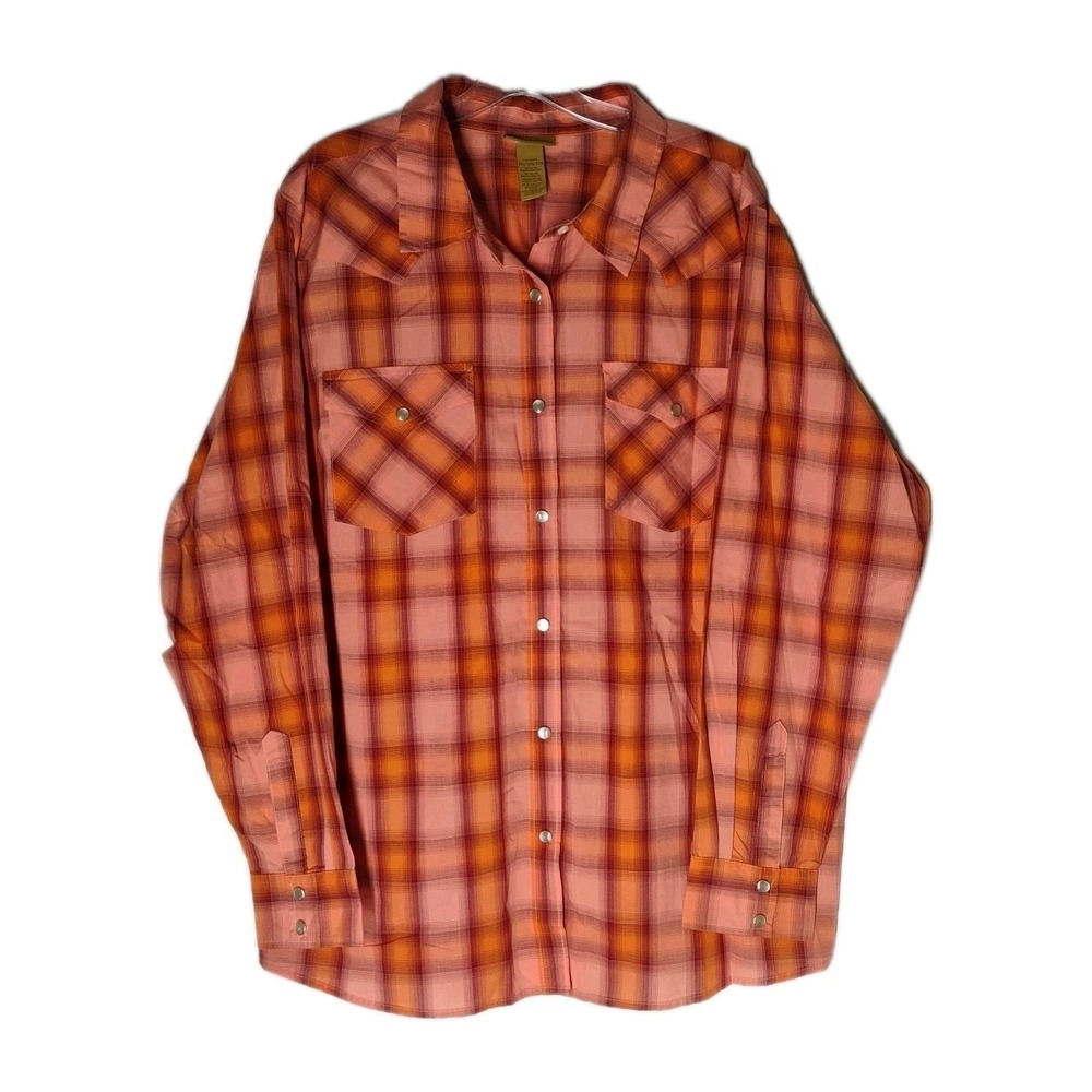 Wrangler Mens 3XL Orange Plaid Pearl Snap Light Weight Button Up Western Shirt